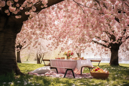 spring picnic setup under blossoming trees, created with generative aiの素材