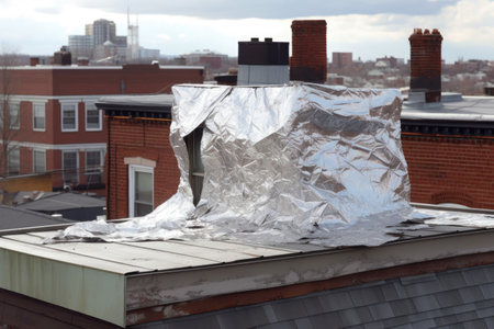 torn metal sheet from rooftop in high winds, created with generative aiの素材