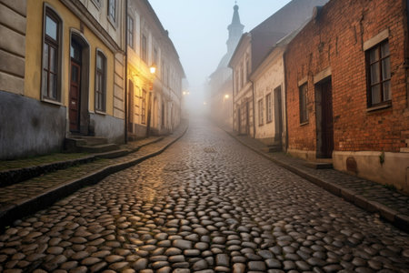 morning mist settling over newly cleaned cobblestone street, created with generative aiの素材