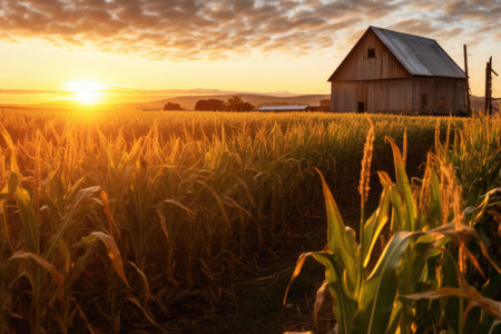 golden sunlight illuminating rows of cornstalks, created with generative aiの素材