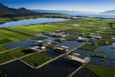 aerial view of sustainable fish farm in natural ponds, created with generative aiの素材