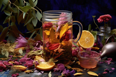 herbal tea infusion with colorful leaves and petals, created with generative aiの素材