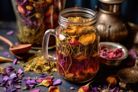 herbal tea infusion with colorful dried flowers, created with generative aiの素材