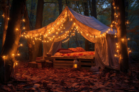 cozy tent illuminated by lanterns in the woods, created with generative aiの素材