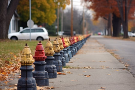 row of fire hydrants ready for testing, created with generative aiの素材