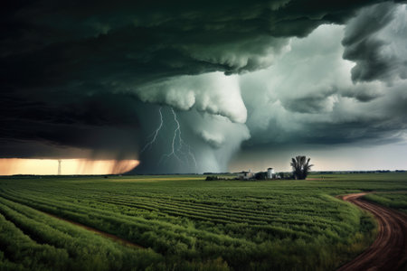 wide-angle view of a massive tornado over plains, created with generative aiの素材
