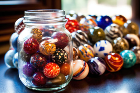 close-up of marbles in a glass jar, showing various patterns, created with generative aiの素材