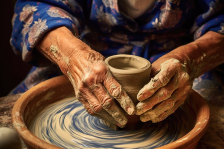 hands using a pottery wheel to mold clay, created with generative aiの素材