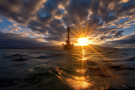 sun rays penetrating ocean surface above oil rig, created with generative aiの素材