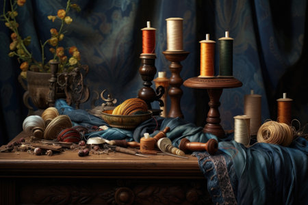 spools of thread and sewing accessories on table, created with generative aiの素材