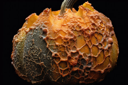 close-up of moldy pumpkin with cracked skin, created with generative aiの素材
