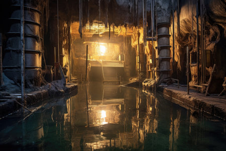 flooded underground mine chamber, created with generative aiの素材