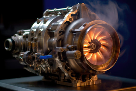 turbocharger spinning and compressing air for combustion, created with generative aiの素材