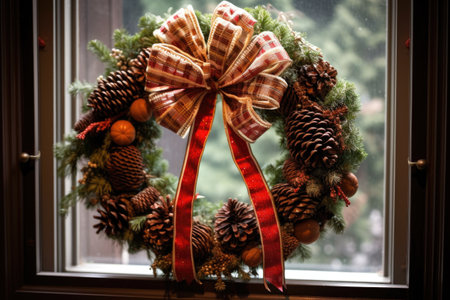 classic christmas wreath with pinecones and ribbons, created with generative aiの素材