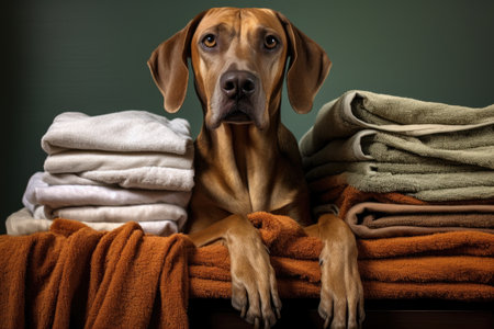 stack of clean towels next to a wet dog, created with generative aiの素材
