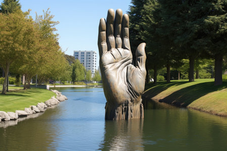 a giant statue of a hand emerging from a pond in a city park, created with generative aiの素材