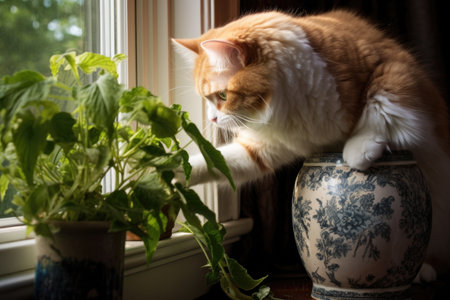 a cat pushing a ceramic pot off a windowsill, created with generative aiの素材