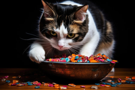 cat knocking over a bowl of cat food, created with generative aiの素材