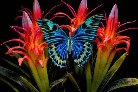 a vivid blue butterfly resting on a colorful bromeliad plant, created with generative aiの素材