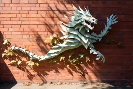cut-out paper dragon with shadow dancing on a brick wall, created with generative aiの素材