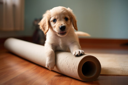 a playful puppy tugging at a corner of a rolled yoga mat, created with generative aiの素材