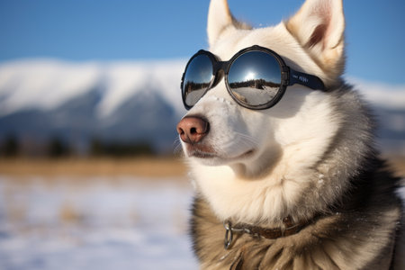 a siberian husky wearing aviator sunglasses in the snow, created with generative aiの素材
