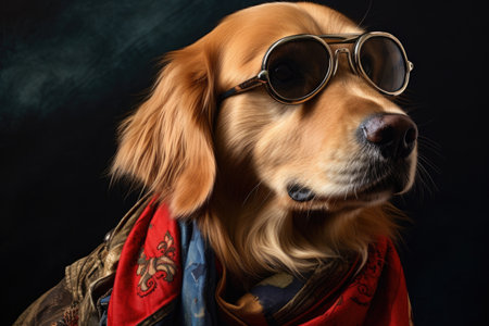 close-up of a golden retriever with aviator sunglasses, created with generative aiの素材