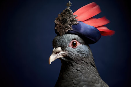 pigeon with a mini beret on its head, next to a french flag, created with generative aiの素材