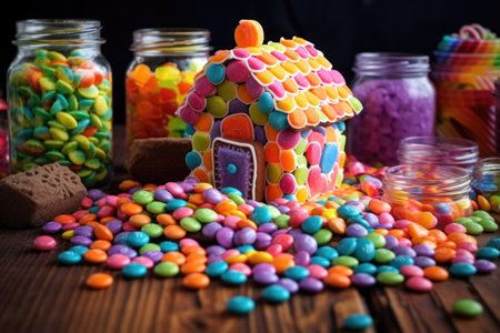 decorating gingerbread house with colorful candies, created with generative aiの素材
