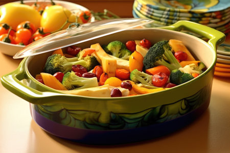 casserole dish filled with colorful veggies, created with generative aiの素材
