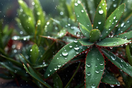 rain-soaked desert plants with water droplets glistening, created with generative aiの素材