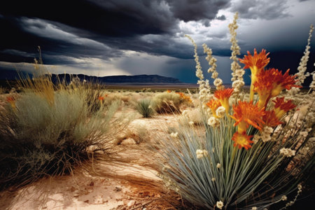blooming desert vegetation against a stormy sky, created with generative aiの素材
