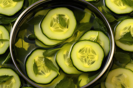 close-up of sliced cucumbers in brine, created with generative aiの素材