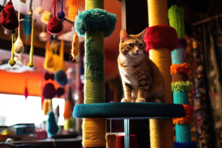 cat toys hanging from a multi-level scratching post, created with generative aiの素材