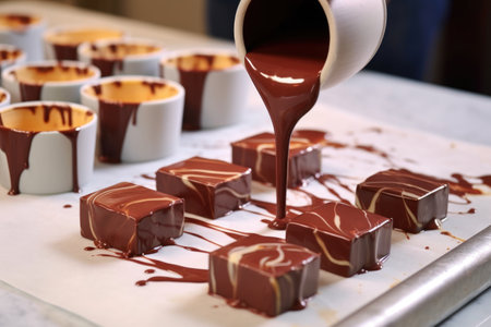 tempered chocolate being poured into molds on a marble countertop, created with generative aiの素材
