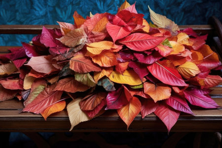 pile of colorful autumn leaves on a park bench, created with generative aiの素材