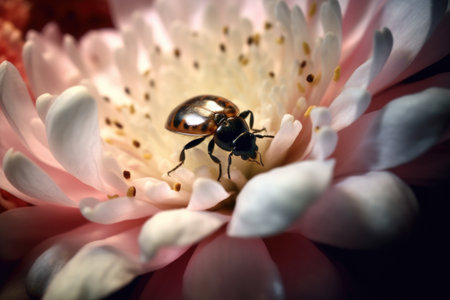 ladybug crawling on petals near flower center, created with generative aiの素材