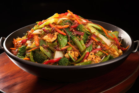 wok filled with freshly chopped vegetables, created with generative aiの素材