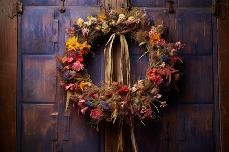 hanging dried floral wreath on a wooden door, created with generative aiの素材