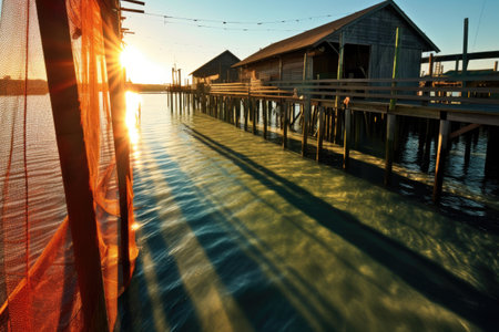 fishing nets casting shadows on a sun-drenched pier, created with generative aiの素材