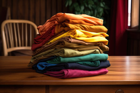 neatly folded colorful clothes on wooden table, created with generative aiの素材