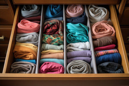 folded clothes in organized drawers with dividers, created with generative aiの素材