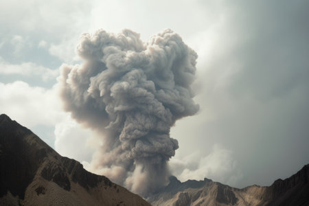 ash clouds billowing out of volcanic vent, created with generative aiの素材