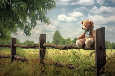 forgotten teddy bear sitting on a park fence, overlooking a meadow, created with generative aiの素材