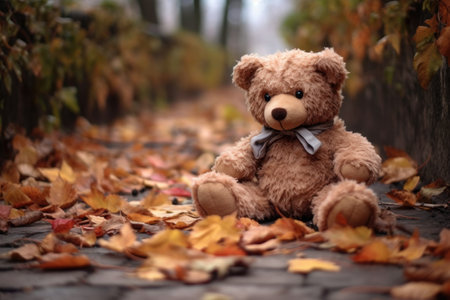 old teddy bear on a parks fallen autumn leaves, created with generative aiの素材
