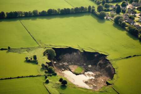 aerial view of a developing sinkhole in a grassy field, created with generative aiの素材