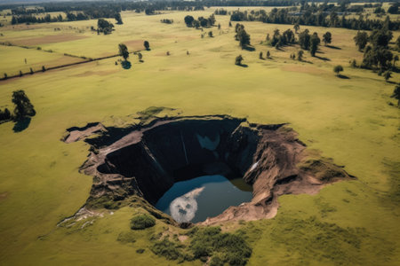 aerial view of a sinkhole forming in a grassy field, created with generative aiの素材