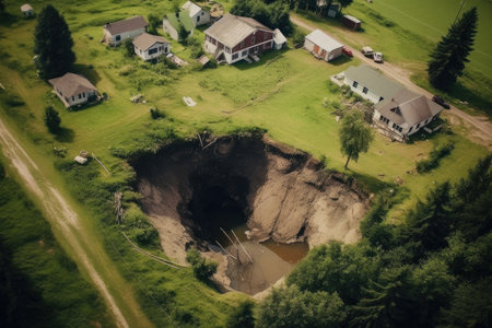 top-down view of a sinkhole in a remote rural setting, created with generative aiの素材