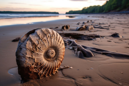weathered ammonite fossil on a beach, created with generative aiの素材
