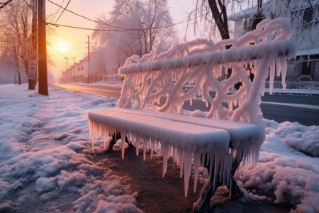 icicles formed on a snow-covered bench, created with generative aiの素材